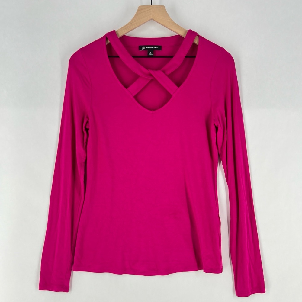 INC‎ Pink Strappy Cutout Scoop Neck Long Sleeve Stretch Knit Top